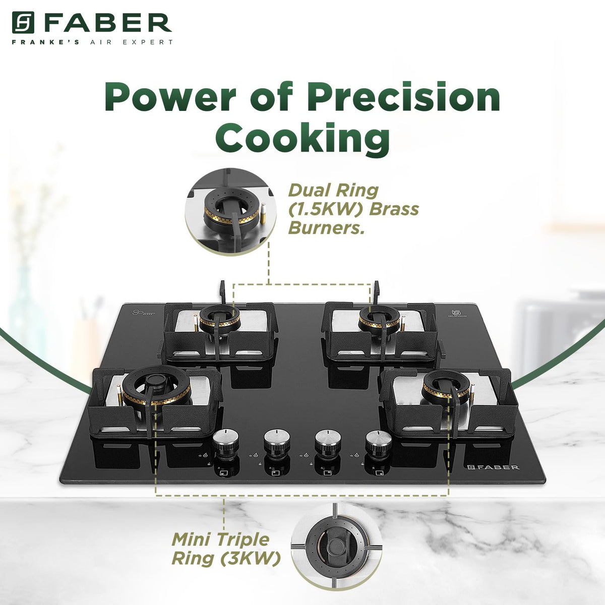 Faber 4 Burner HCT 65 cm Hob| Brass Burners| Bakelite Knobs| Cast Iron Pan Support | Hob/Cooktop Hybrid Toughened Glass 