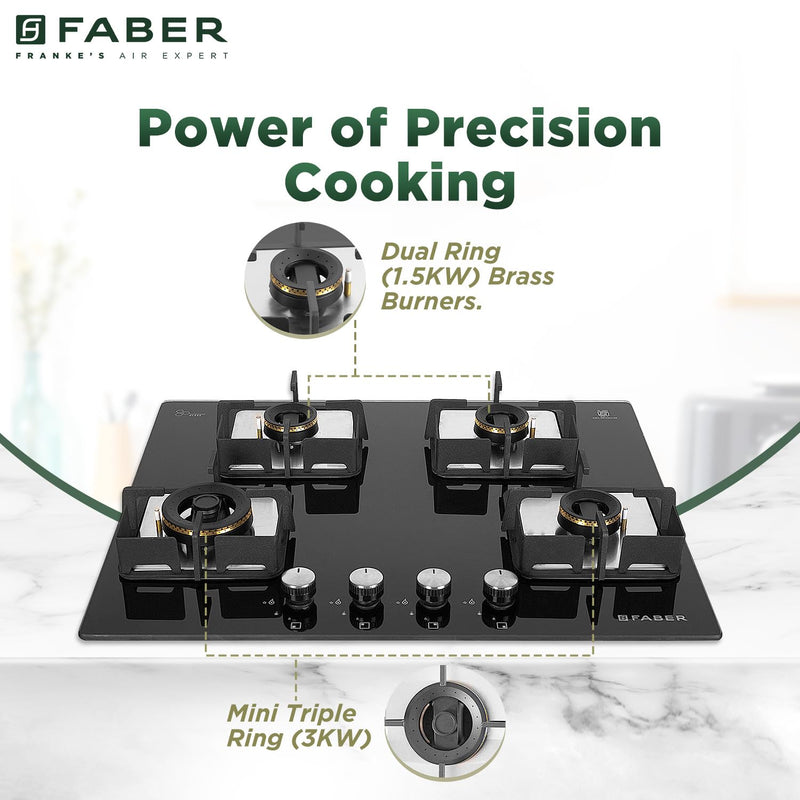 Faber 4 Burner HCT 65 cm Hob| Brass Burners| Bakelite Knobs| Cast Iron Pan Support | Hob/Cooktop Hybrid Toughened Glass 