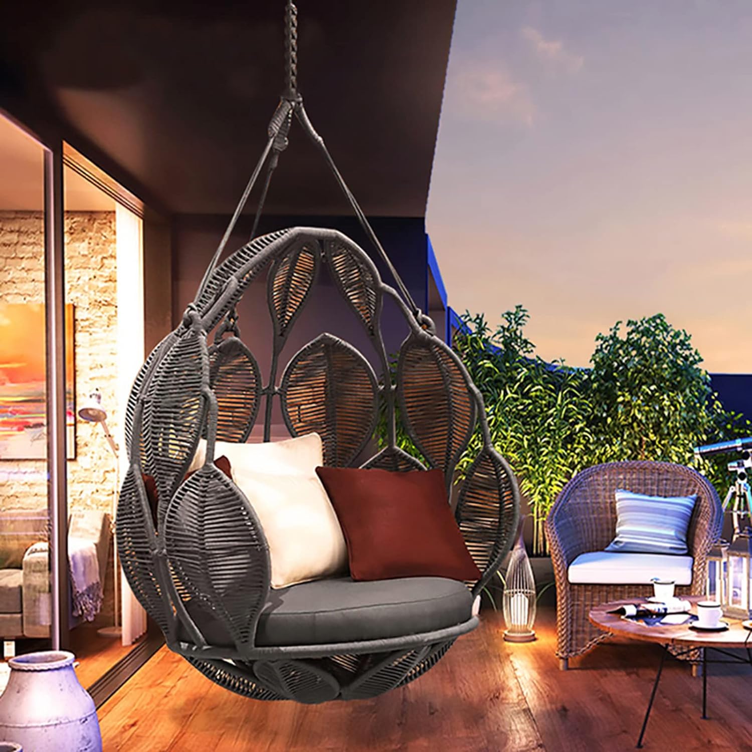 Tasse Single Seater Hanging Swing Without Stand For Balcony , Garden Swing (Black) Braided & Rope