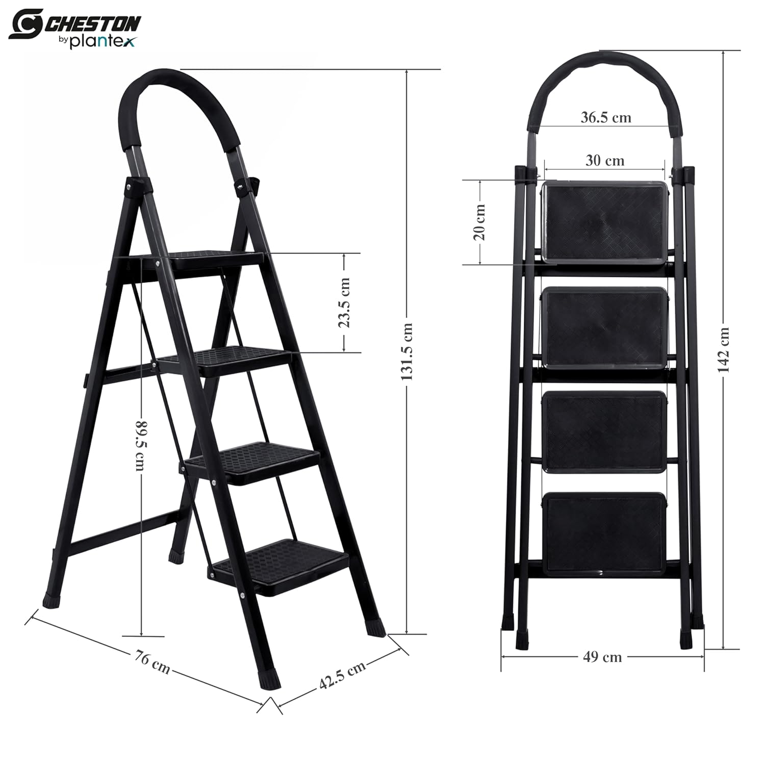 Plantex Cheston Premium GI Steel Foldable 4 Step Ladder for Home/Wide Anti Slip Steps (Black)