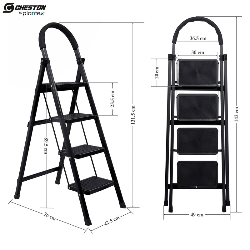 Plantex Cheston Premium GI Steel Foldable 4 Step Ladder for Home/Wide Anti Slip Steps (Black)