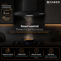 Faber Pluto 60 cm 1000 m³/hr Wall Mounted Kitchen Chimney | Baffle Filter | Touch Control | LED Lights | 1 Year Comprehe