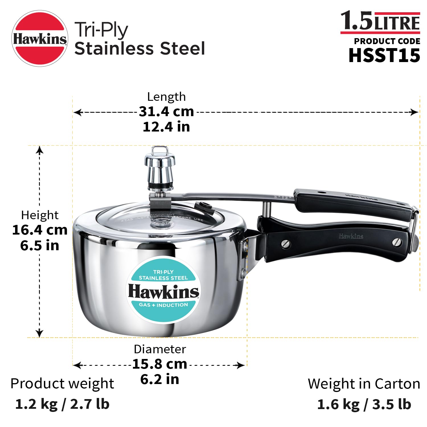 Hawkins 1.5 Litre Triply Stainless Steel Pressure Cooker, Inner Lid Induction Baby Cooker, Silver (HSST15)