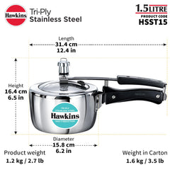 Hawkins 1.5 Litre Triply Stainless Steel Pressure Cooker, Inner Lid Induction Baby Cooker, Silver (HSST15)