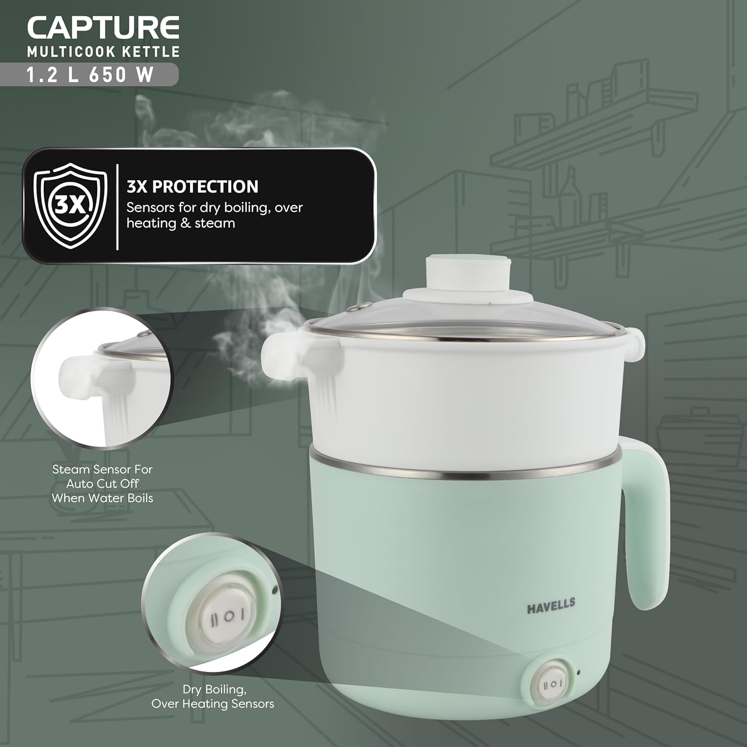 Havells Capture 1.2 L Multi-Cook Electric Kettle with Steamer | 650W |304 Stainless Steel Inner Body|Cooks Noodles, Rice, Milk | Cool-Touch Body | 2-Year Warranty (Green)