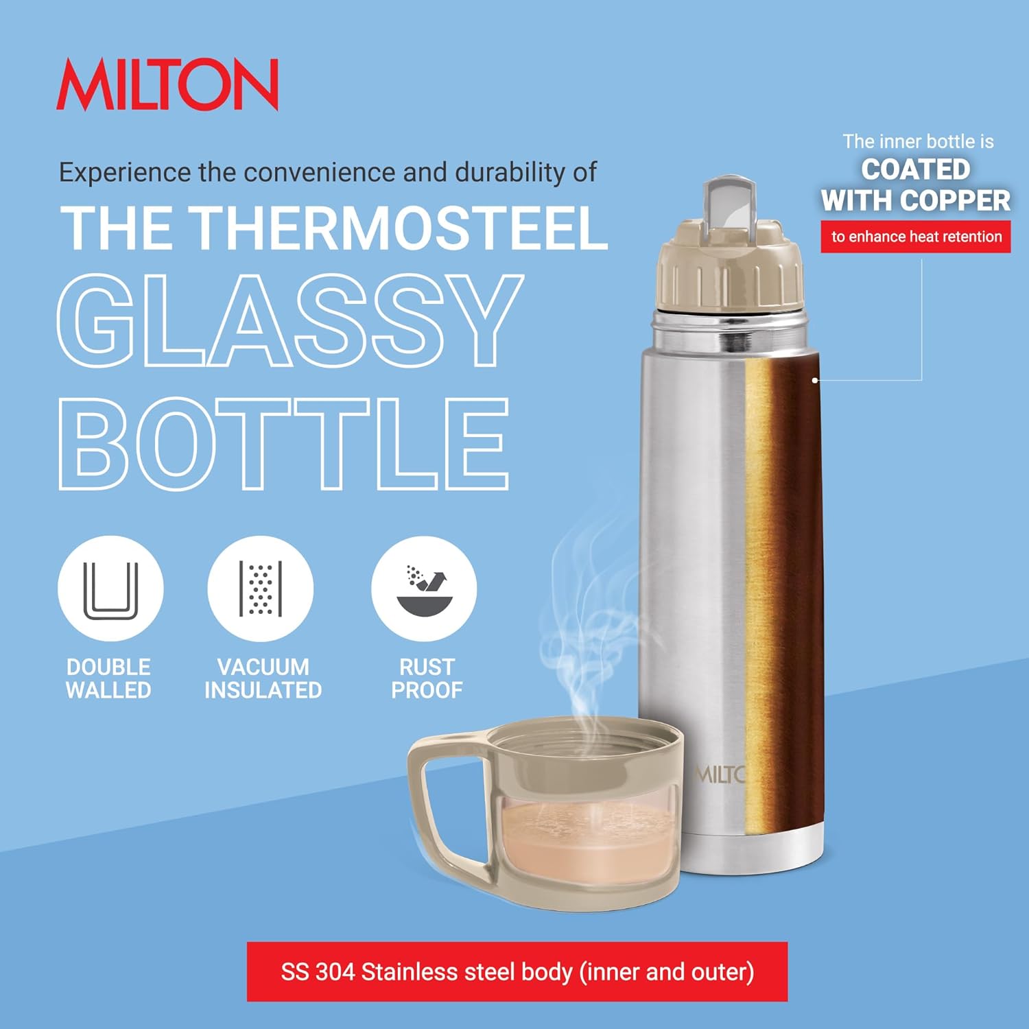 Milton Glassy 500 Thermosteel Vacuum Insulated Double Walled Flask with Drinking Cup lid & Jacket, 500 ml Water Bottles, 24 Hours Hot & Cold, Easy to Carry,Rust Proof, Tea, Coffee, Travel Bottle, Grey