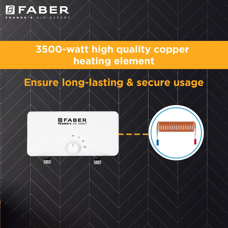 Faber Agnes Tankless Instant 3.5kw Water Heater | High Working Pressure, 3-Level Temperature, Safety Valve, Auto Off | F
