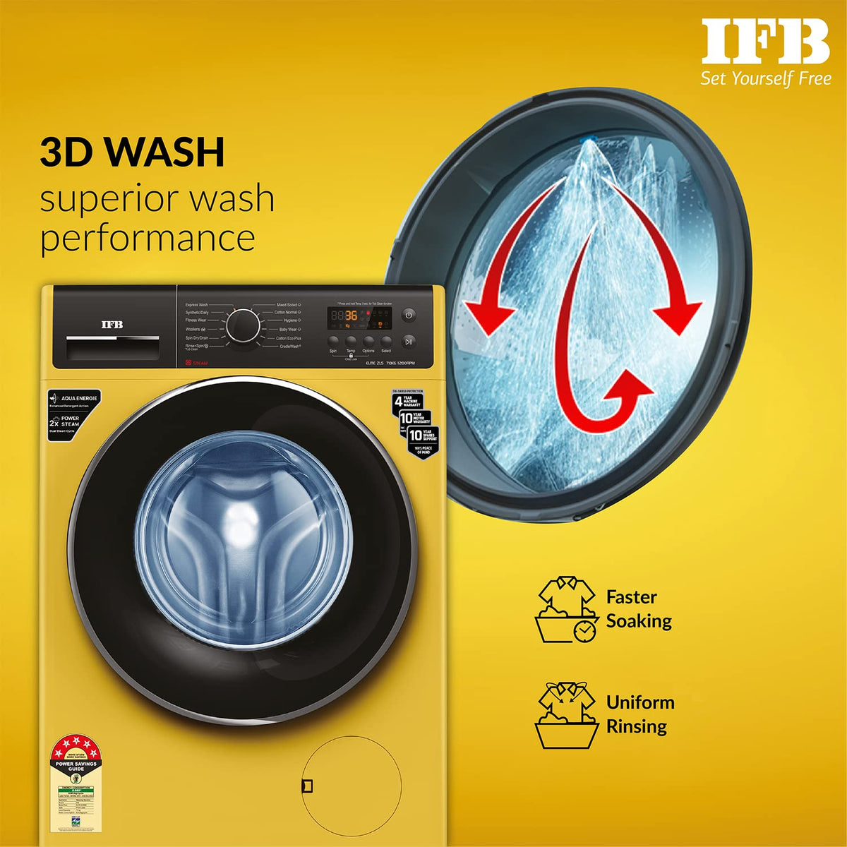 IFB 7 Kg 5 Star Front Load Washing Machine 2X Power Steam (ELITE ZLS 7012, Yellow, In-built Heater, 4 years Comprehensiv