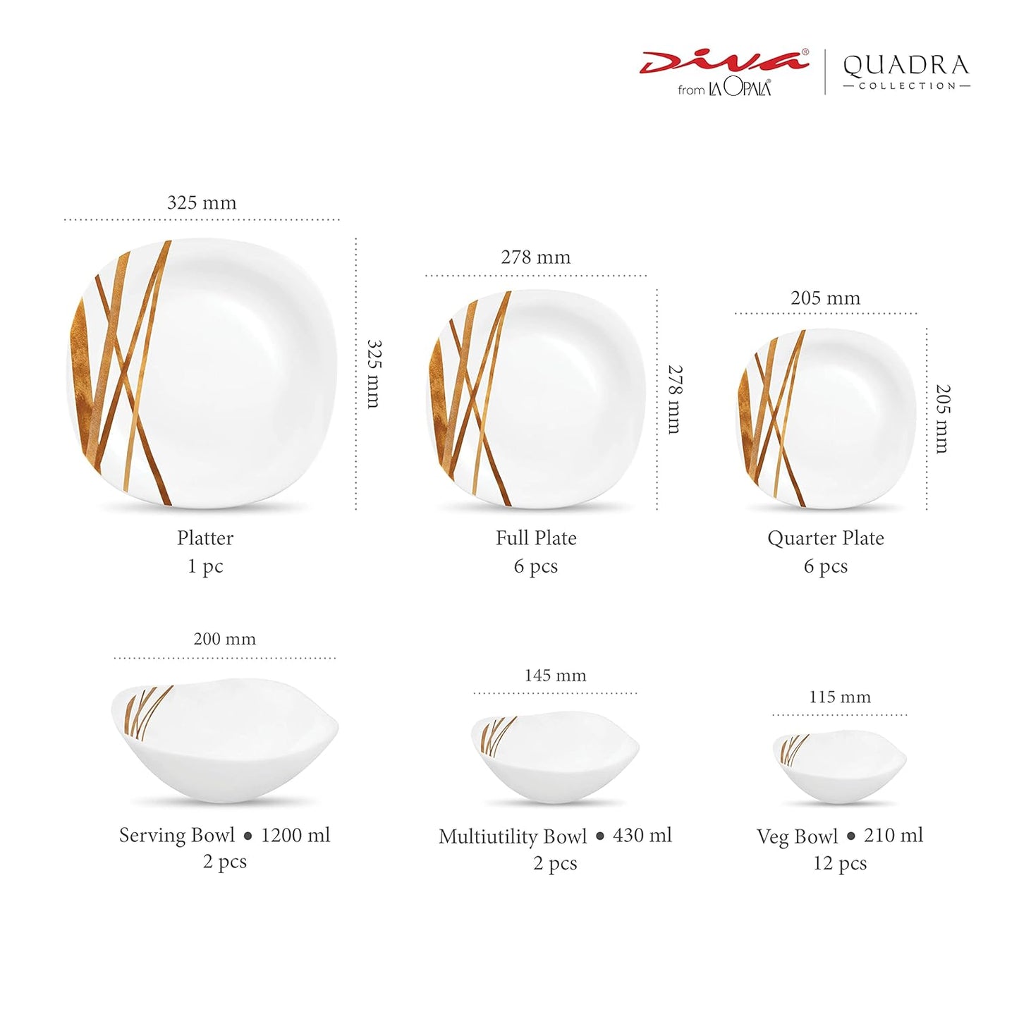 La Opala Diva, Quadra Collection, Opal Glass Dinner Set 29 pcs, Golden Shades, White