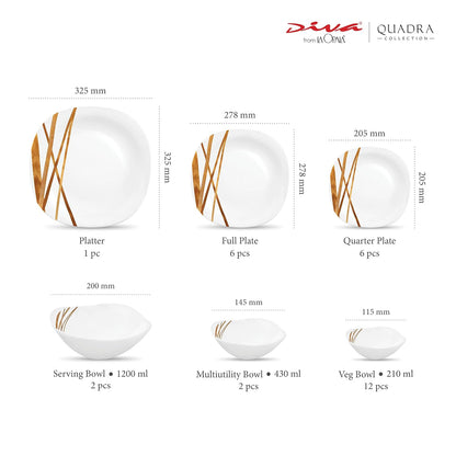 La Opala Diva, Quadra Collection, Opal Glass Dinner Set 29 pcs, Golden Shades, White