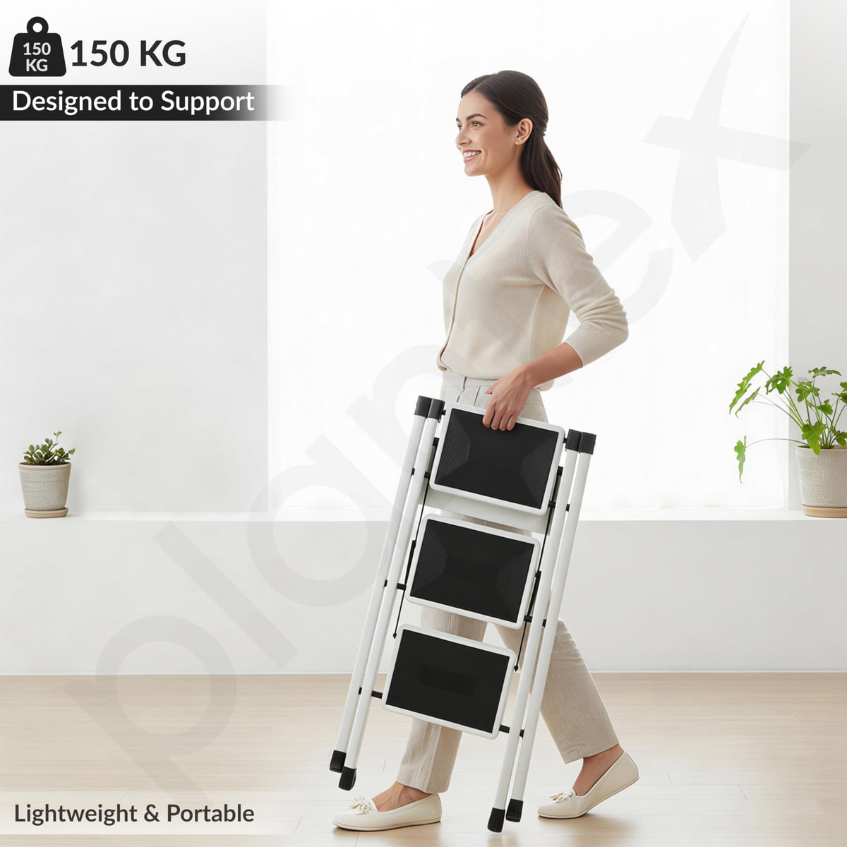 Plantex 3 Step Ladder for Home Use/Wide Anti-Slip Heavy-Duty Step Stool/Lightweight Kitchen Ladder 3 Step (White)-6