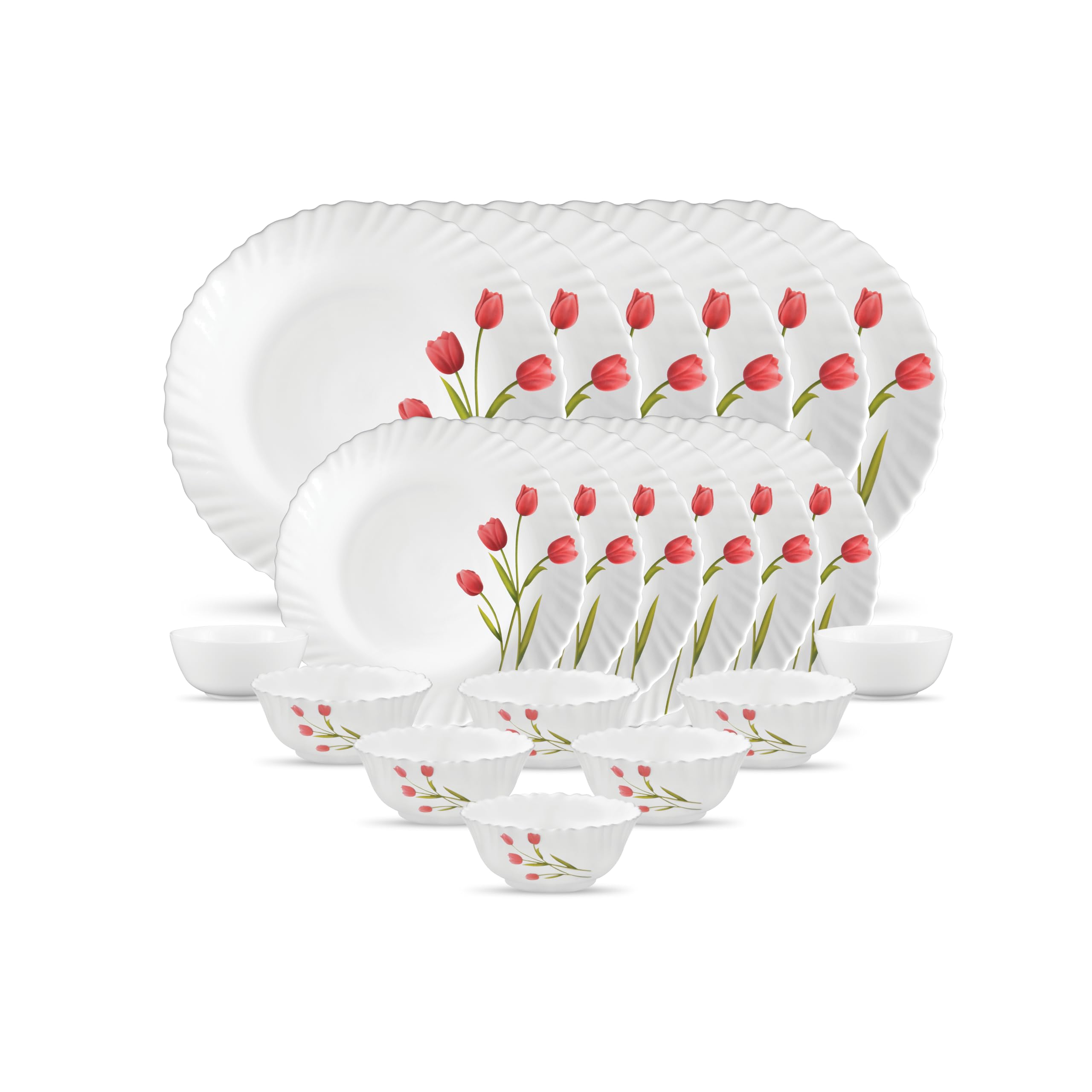 La Opala Novo Collection Opal Glass Crockery | for Family of 6 | Dinner Set 20 pcs Lush Greens | Plates & Bowls for Dining | Microwave Safe | 100% Vegetarian | Extra Strong | Light & White