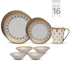 Clay Craft Fine Ceramic Ebony Dinner Set, Enchanting Gold, for Family of 4, Dinner Set Ceramic, Crockery Set, Dining Set for Dinner, Crockery Set for Gift, Kitchen Set (16 Pieces, E625)