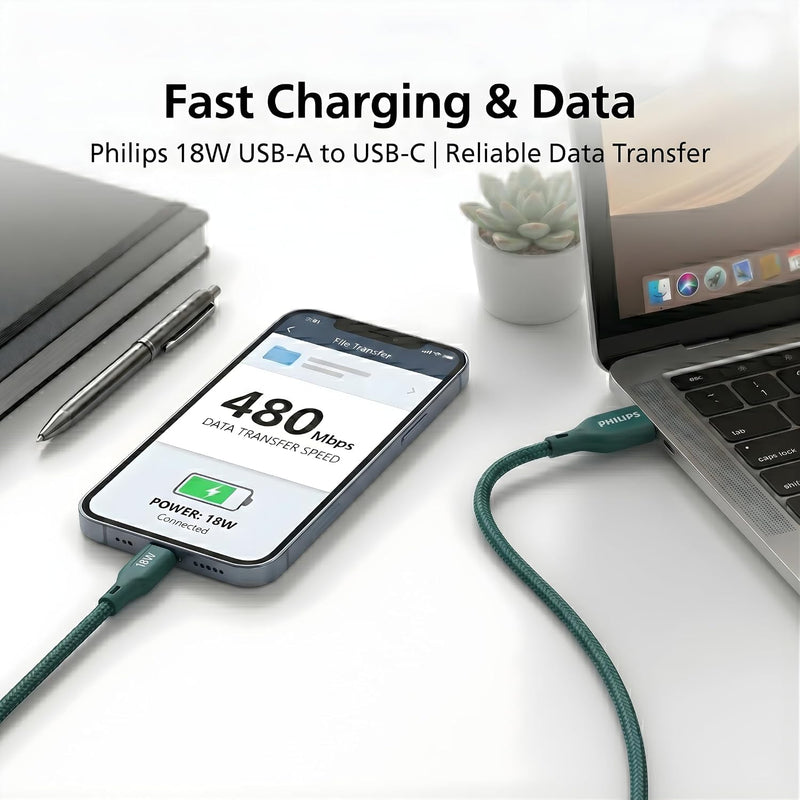 Philips DLC4130AT/94 18W Type-A to Type-C Fast Charging Cable (1m, Crystal Teal)