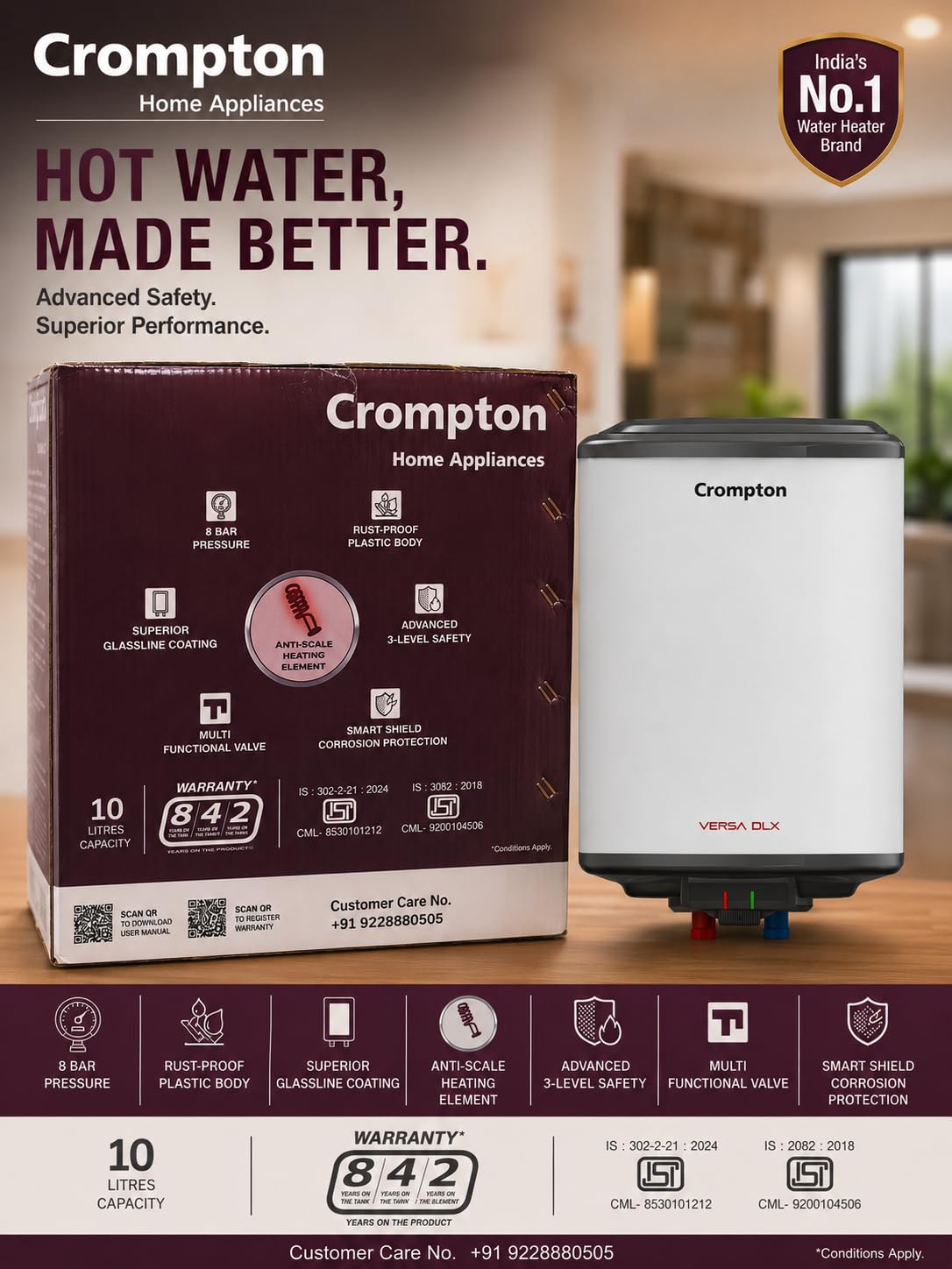 Crompton Versa DLX Aswh-6710 10 L 5 Star Rates Storage Wall Water Heater(Geyser) With Free Installation (Superior Glasslined Technology, Anti Scale (ASWH-6710 (Versa Dlx)))-3