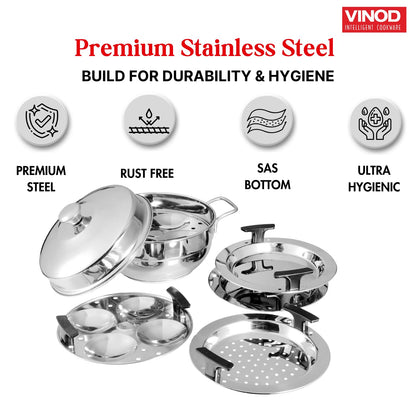 Vinod Gen-Z 1 liter Stainless Steel Multi Kadai with 6 Plates - 19 cm| 2 Idli, 2 Dhokla and 1 Patra Plate | All In One Multi Purpose Kadhai | Induction and Gas Base | Small - 2 Year Warranty
