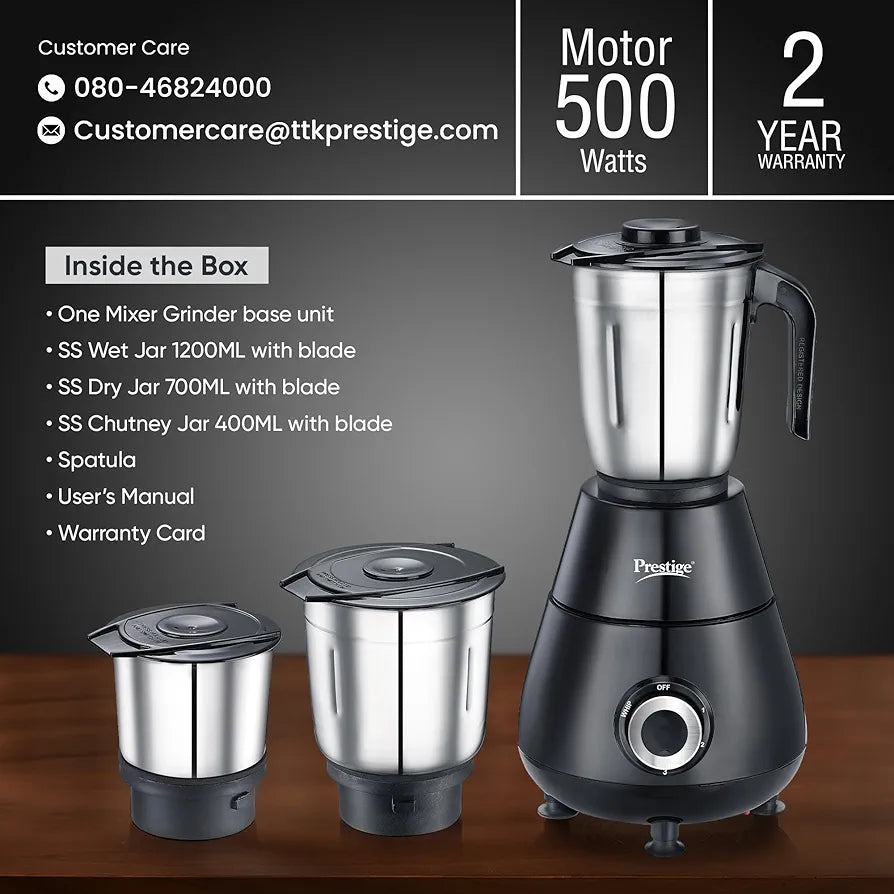 Prestige 500 Watts Apex Mixer Grinder with 3 Stainless Steel Jars|3 Super Efficient Blades|Sturdy Handles|Black|