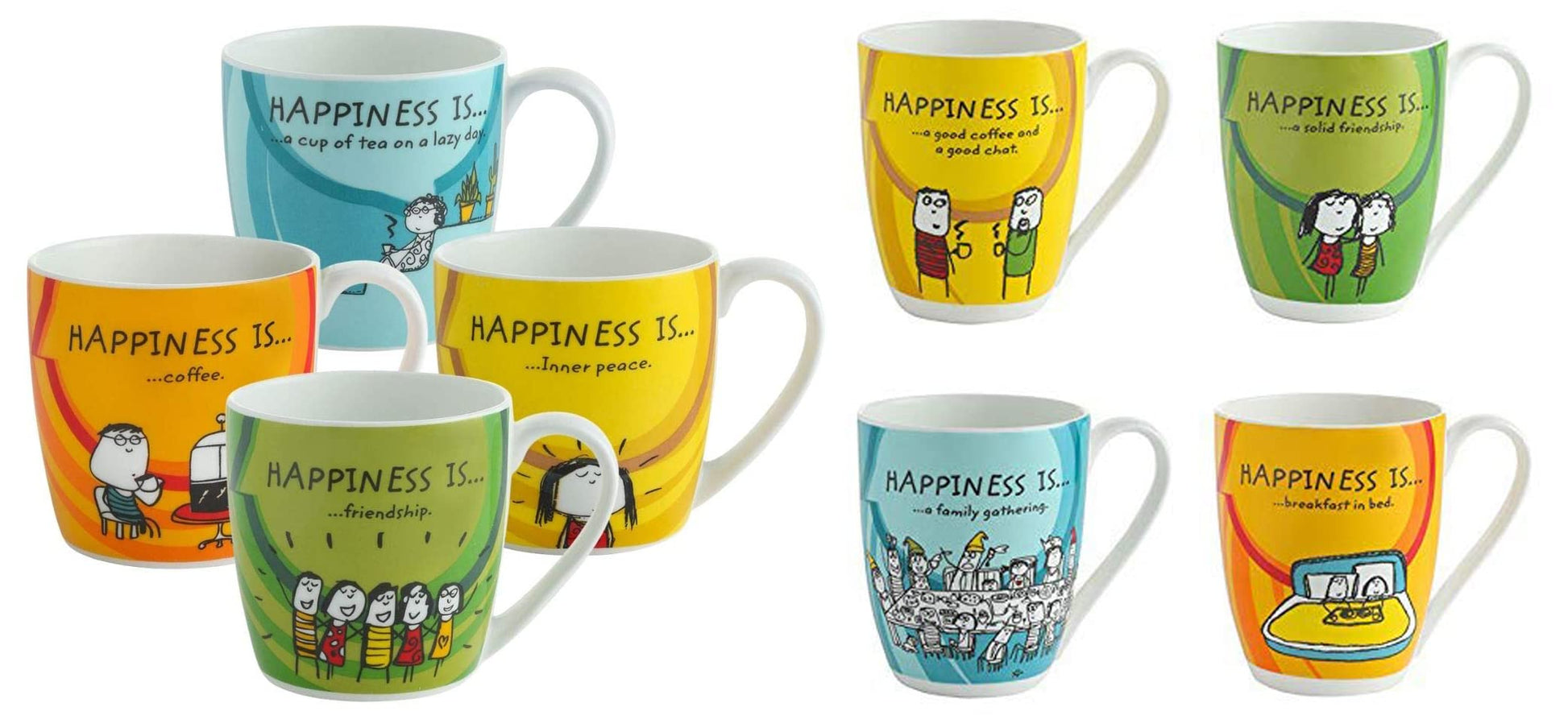 Clay Craft - Happiness is Ceramic Coffee Mugs Alton, Set of 4, 240ml Happiness is Ceramic Mini Snack Plates, Set of 4, 5", Multicolour