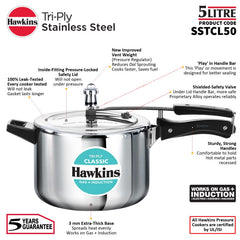 Hawkins Classic 5 Litre Tri-Ply Pressure Cooker, Triply Stainless Steel Inner Lid Cooker, Silver (SSTCL50)
