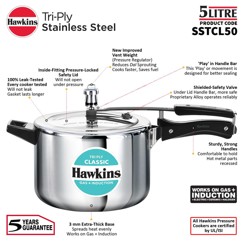 Hawkins Classic 5 Litre Tri-Ply Pressure Cooker, Triply Stainless Steel Inner Lid Cooker, Silver (SSTCL50)