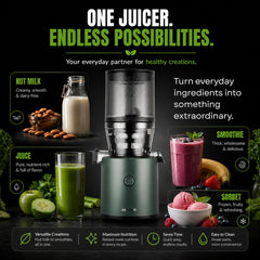 Hurom H320 Cold Press Juicer | Ultra Low Pulp | Slow Juicer | Hopper Fits Whole Produce | Ultra Quiet Motor | Easy Assembly | Cold Press Masticating Juicer, 15 Years Warranty (Green with Strainer)