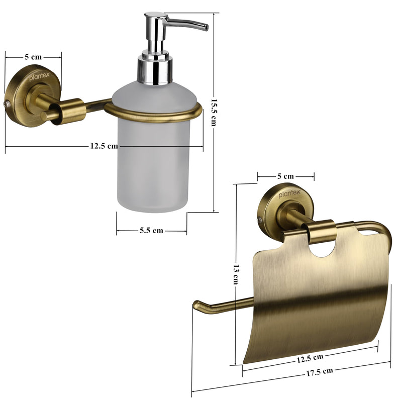 Plantex 304 Grade Stainless Steel Washroom Set of 2 - Toilet Paper Holder/Stand/Liquid Soap Dispenser - Daizy (Brass Antique)-2