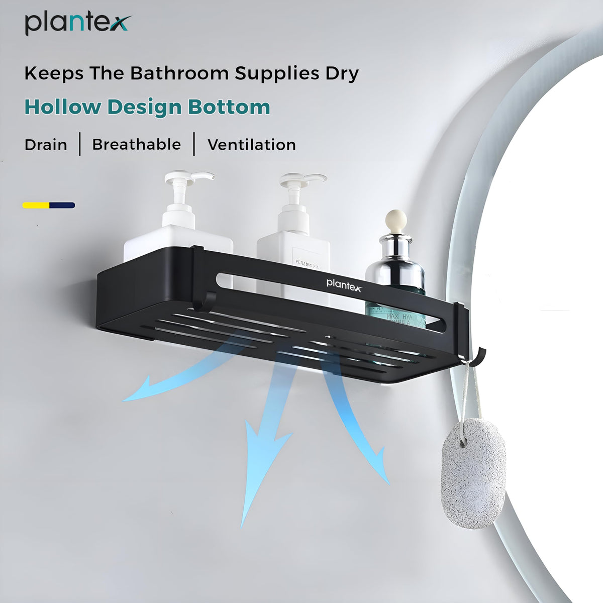 Plantex Bathroom Shelf for Wall/Space Aluminium Wall Mounted Shelf for Bathroom with Removable Hooks/Floating Shelf/Bathroom Organiser - 12x5 inches, Black (Pack of 1)-5