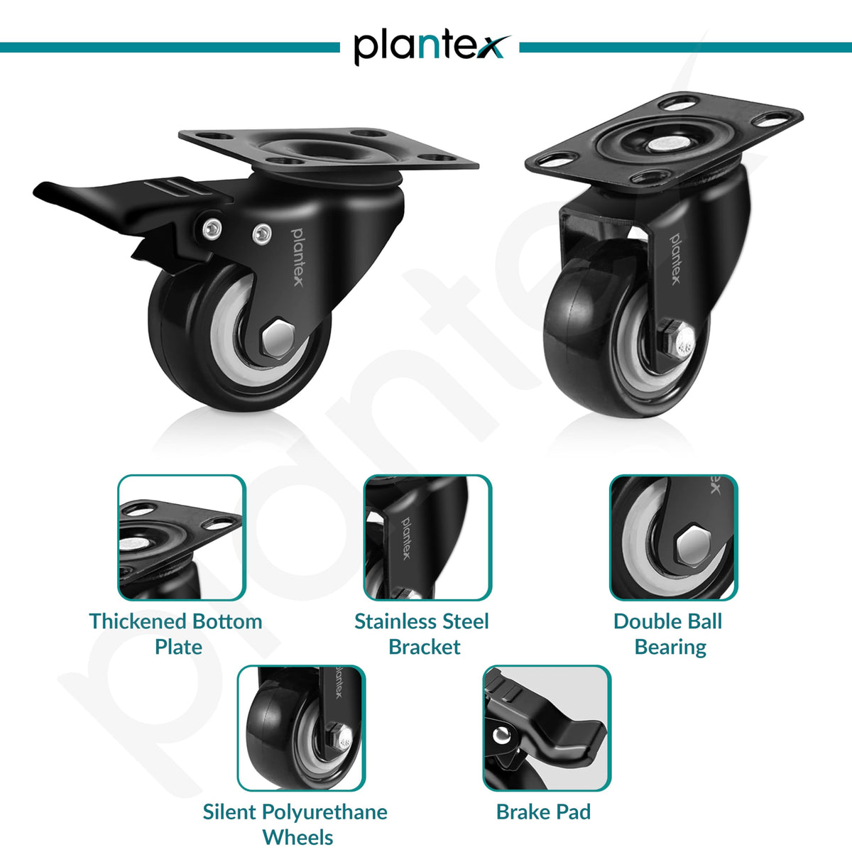 Plantex 2 Inch Caster Wheel/Soft PU Swivel Caster Wheels with 360 Degree and No Noise/Wheels for Furniture/Trolley Cart/Table (Black) - Set of 4 (2 with Brakes & 2 Without)-5