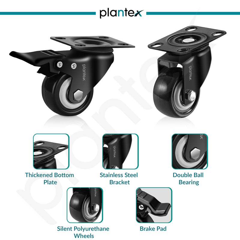 Plantex 2 Inch Caster Wheel/Soft PU Swivel Caster Wheels with 360 Degree and No Noise/Wheels for Furniture/Trolley Cart/Table (Black) - Set of 4 (2 with Brakes & 2 Without)-5