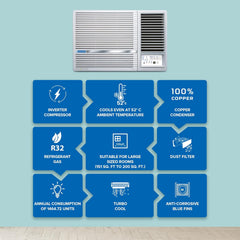 Blue Star 2 Ton 3 Star Inverter Window AC (Copper, Turbo Cool, Fan Modes-Auto/High/Medium/Low, Hydrophilic Blue Fins, Dust Filters, Self-Diagnosis, WIE324L, White)