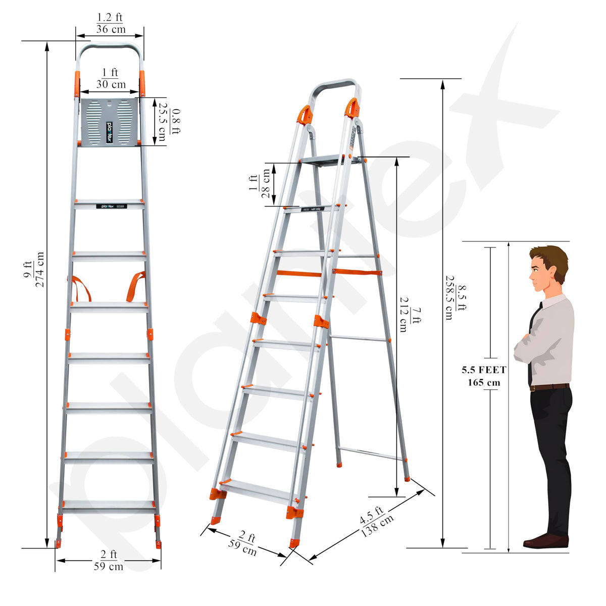 Plantex Secura 8 Step Aluminium Ladder for Home/Foldable Ladder with Safe Hand Rails/5 Year Manufacturer Warranty(Orange-Silver)-3