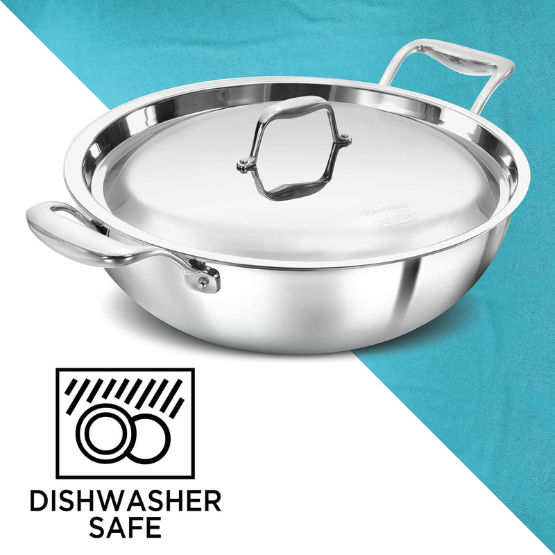 Hawkins Pro 5 Litre Deep-Fry Pan, Triply Stainless Steel Kadhai with Stainless Steel Handles and Stainless Steel Lid, Silver (PSK50S)