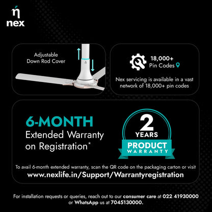 NNEX by BAJAJ Glyde A50 1200 MM | BEE 4 Star Rated Premium Ceiling Fan | 20% Higher Air Thrust* | Airfluence™ Al Blades | Adjustable Downrod | 2-Yr Warranty 【Snow White】