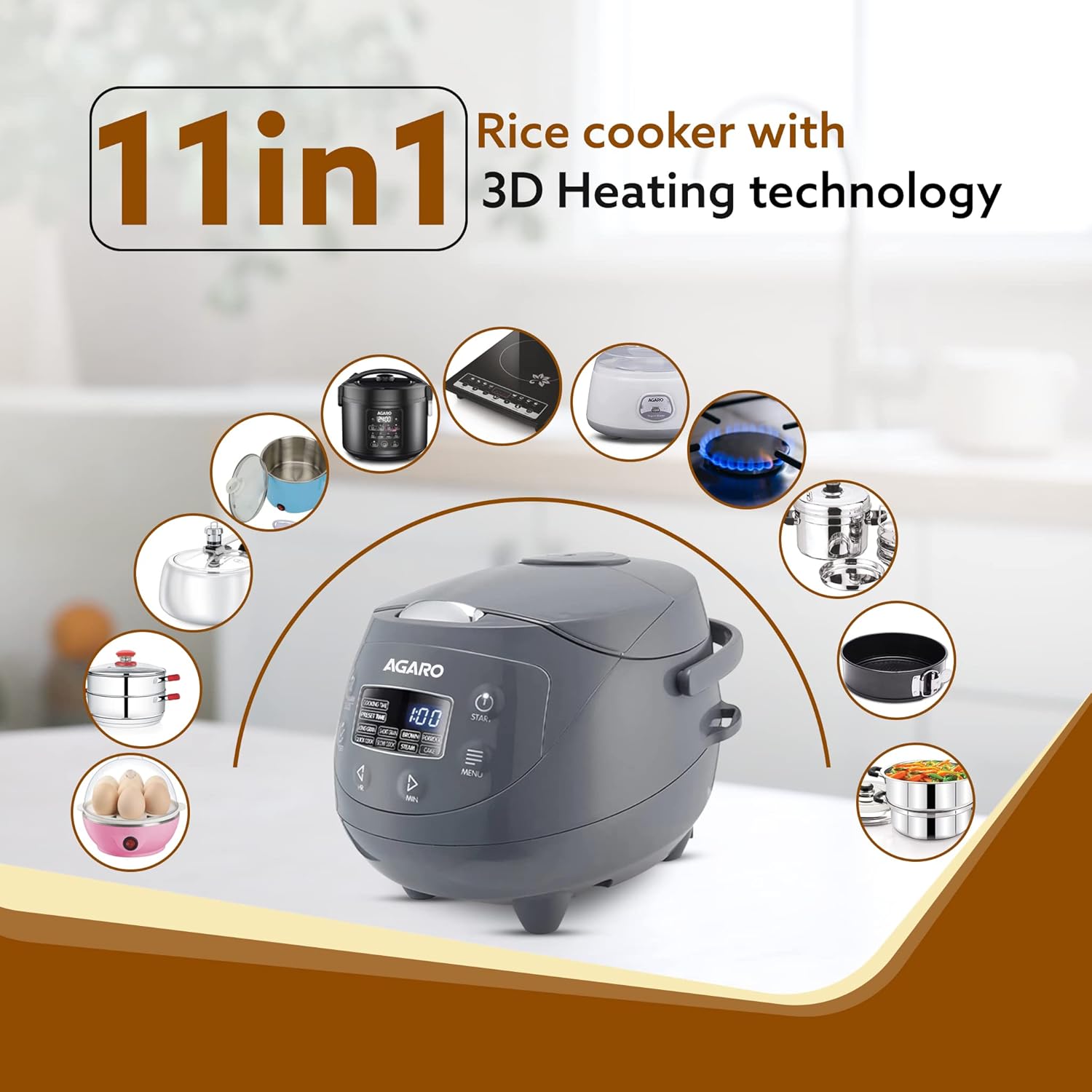 AGARO Imperial Electric Rice Cooker, 2L Ceramic Coated Inner Bowl, 500 gms (approx. 3.5 cups) raw rice, Steam Basket, 8 Preset Cooking Function, Advanced Fuzzy Logic, 24Hrs Keep Warm Function, 350W