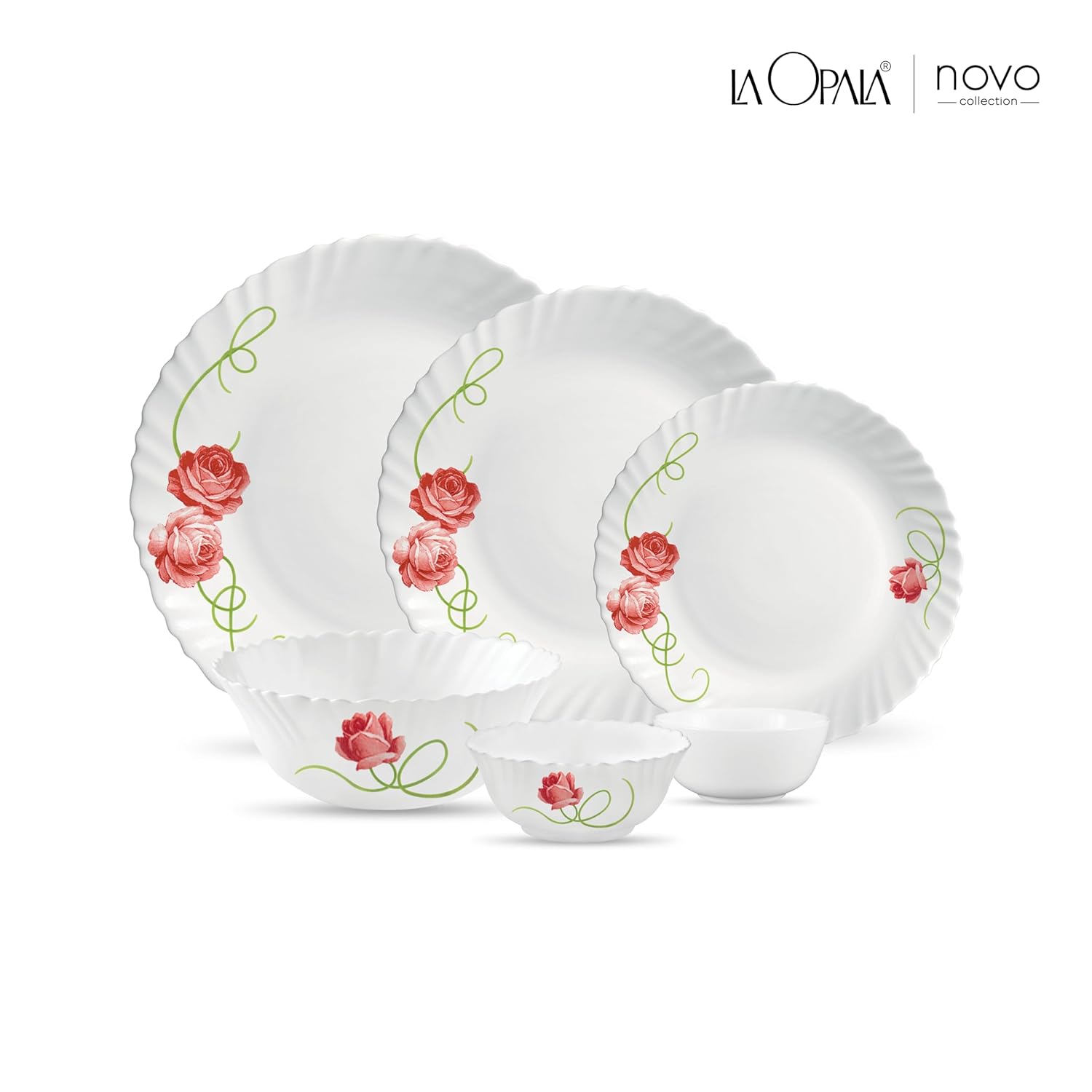 La Opala Novo Collection Opal Glass Crockery | for Family of 6 | Dinner Set 23 pcs Dainty Swirls | Plates & Bowls for Dining | Microwave Safe | 100% Vegetarian | Extra Strong | Light & White
