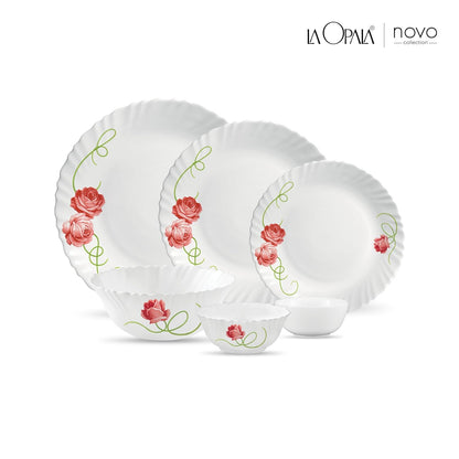 La Opala Novo Collection Opal Glass Crockery | for Family of 6 | Dinner Set 23 pcs Dainty Swirls | Plates & Bowls for Dining | Microwave Safe | 100% Vegetarian | Extra Strong | Light & White