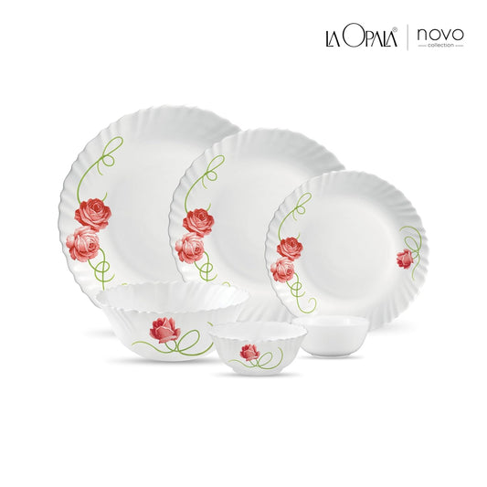 La Opala Novo Collection Opal Glass Crockery | for Family of 6 | Dinner Set 23 pcs Dainty Swirls | Plates & Bowls for Dining | Microwave Safe | 100% Vegetarian | Extra Strong | Light & White