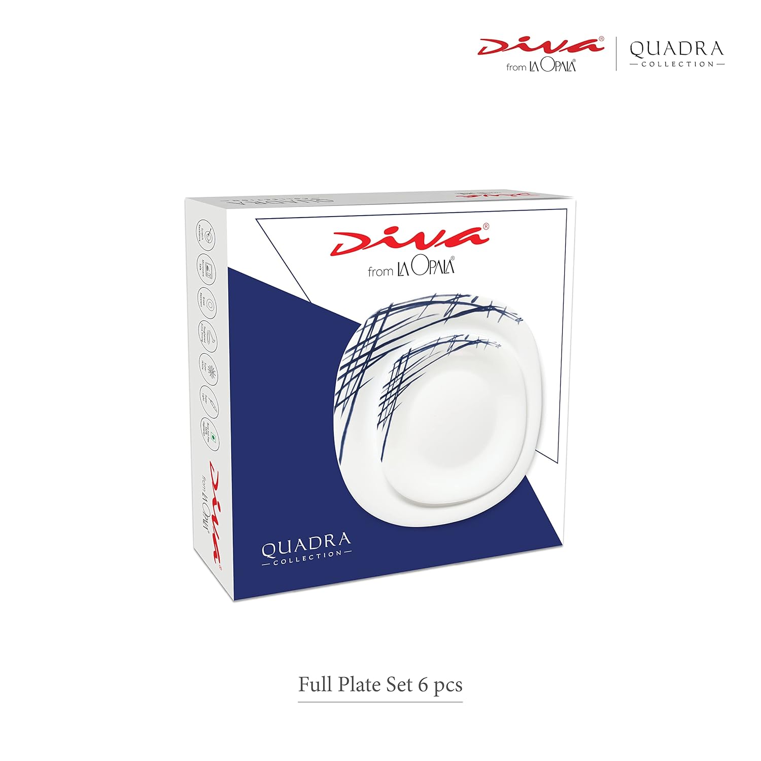 La Opala Diva Quadra Collection Opal Glass Crockery | Full Plate Set of 6 Summertide | Square Dinner Plate for Dining & Gifting | Microwave Safe | 100% Vegetarian | Extra Strong | Light & White