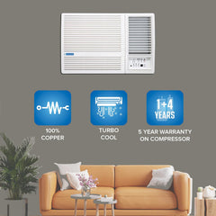 Blue Star 2 Ton 3 Star Fixed Speed Window AC (Copper, Turbo Cool, Humidity Control, Fan Modes-Auto/High/Medium/Low, Hydrophilic Blue Fins, Dust Filters, Self-Diagnosis, WFA324LN, White)