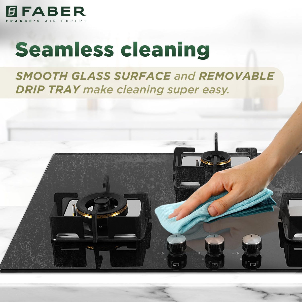 Faber 3 Burner HCT 78 cm Hob| Brass Burners| Bakelite Knobs| Cast Iron Pan Support | Hob/Cooktop Hybrid Toughened Glass 