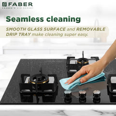 Faber 3 Burner HCT 78 cm Hob| Brass Burners| Bakelite Knobs| Cast Iron Pan Support | Hob/Cooktop Hybrid Toughened Glass 