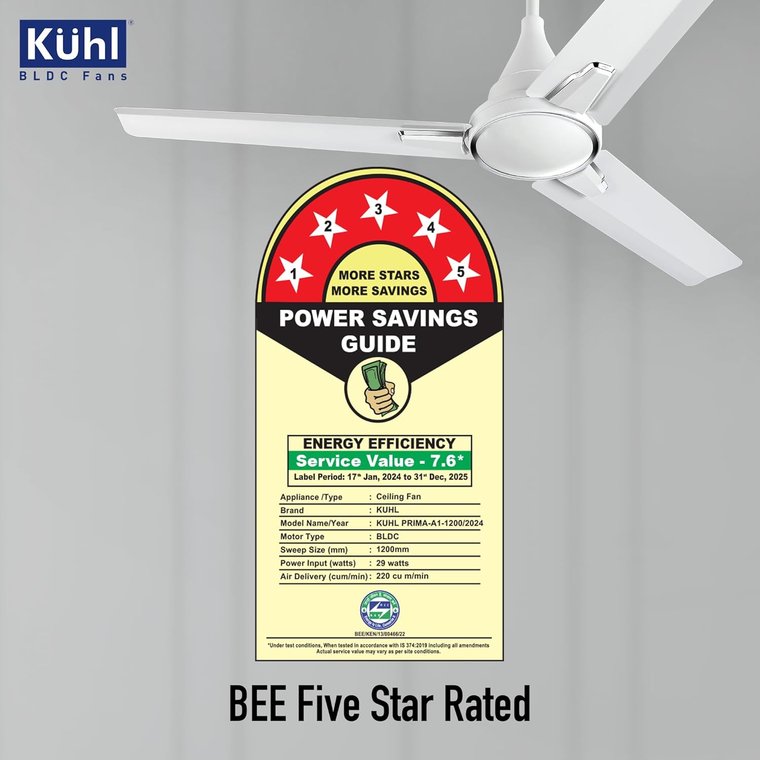 KUHL Prima A1 1200mm Decorative Power Saving BLDC Ceiling Fan with Remote | 29W | Saves upto 65% Electricity | 5 Star | High Air Flow | Stylish Design | White