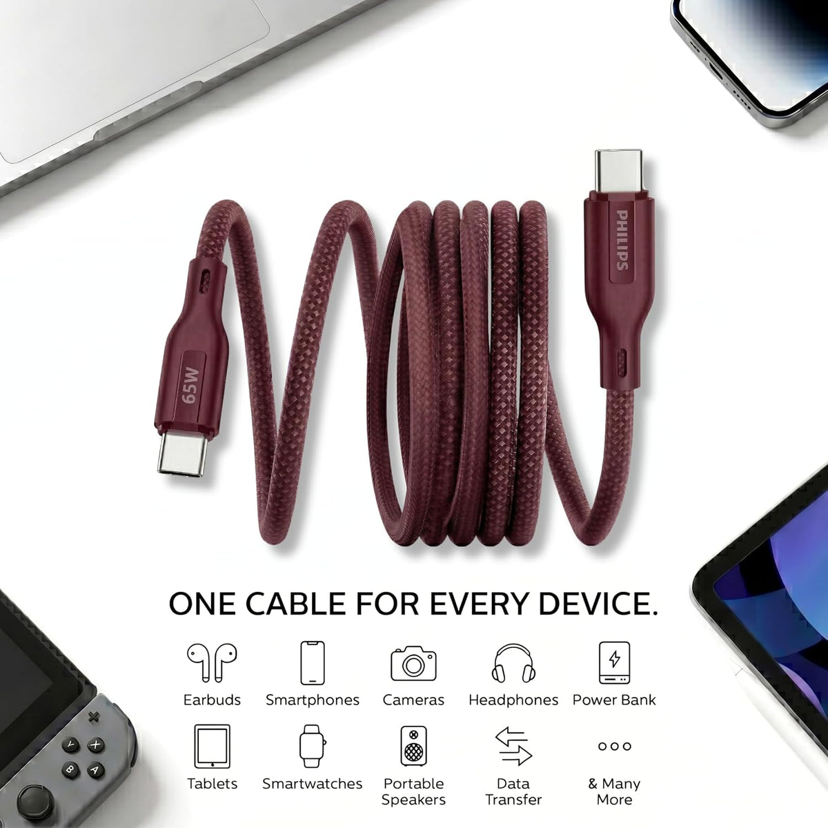 Philips DLC4150CI/94 65W Type-C to Type-C Fast Charging Cable (1.5m, Iron Red)
