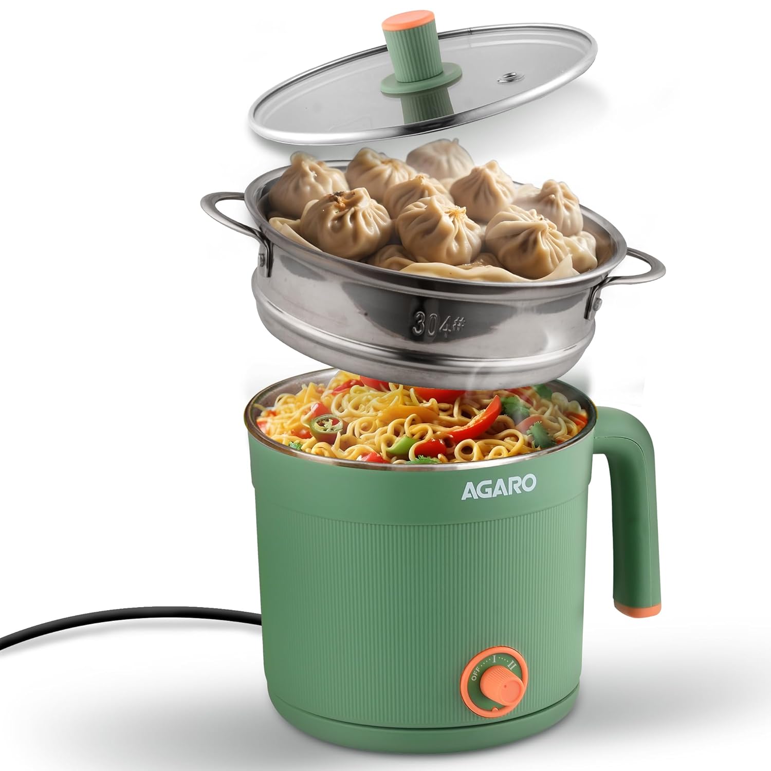 AGARO Regency Multi Cook Kettle With Steamer, 1.2L Inner Pot, Double Layered Body, Variable Temperature Settings, Wide Mouth, Boiling, Steaming, Tea, Coffee, Egg, Vegetable Boiling, 600W, Sea Green