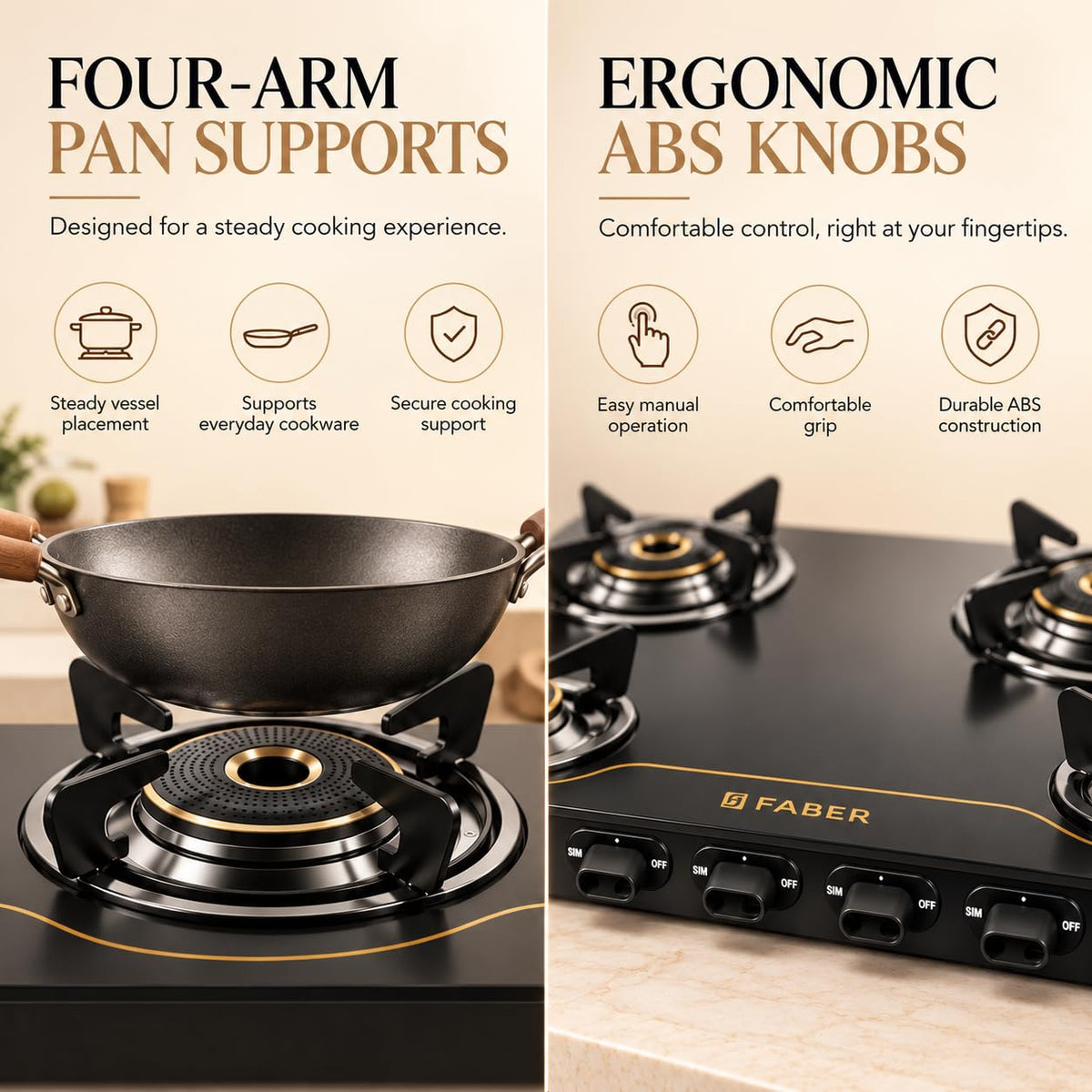 Faber 4 Burner 69cm Cooktop| 2 Jumbo + 1 Medium + 1 small Brass Burners| Designer Matt Black Glass Finish|ABS Knobs|5 Yr