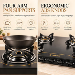 Faber 4 Burner 69cm Cooktop| 2 Jumbo + 1 Medium + 1 small Brass Burners| Designer Matt Black Glass Finish|ABS Knobs|5 Yr