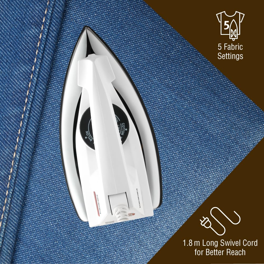 Usha 2802 1000Watt Dry Iron with Metal Body | Single Coat Black Non Stick Soleplate for longer durability | Thermal Safety Fuse | 180° Swivel Cord | 2 Years Warranty | (White)