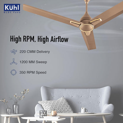 KUHL Arctis A1 1200 Mm 65% Power Saving Bldc Ceiling Fan With Remote | Bee 5 Star Rated & Isi Marked | High Air Flow | 5 Year Warranty | Gold