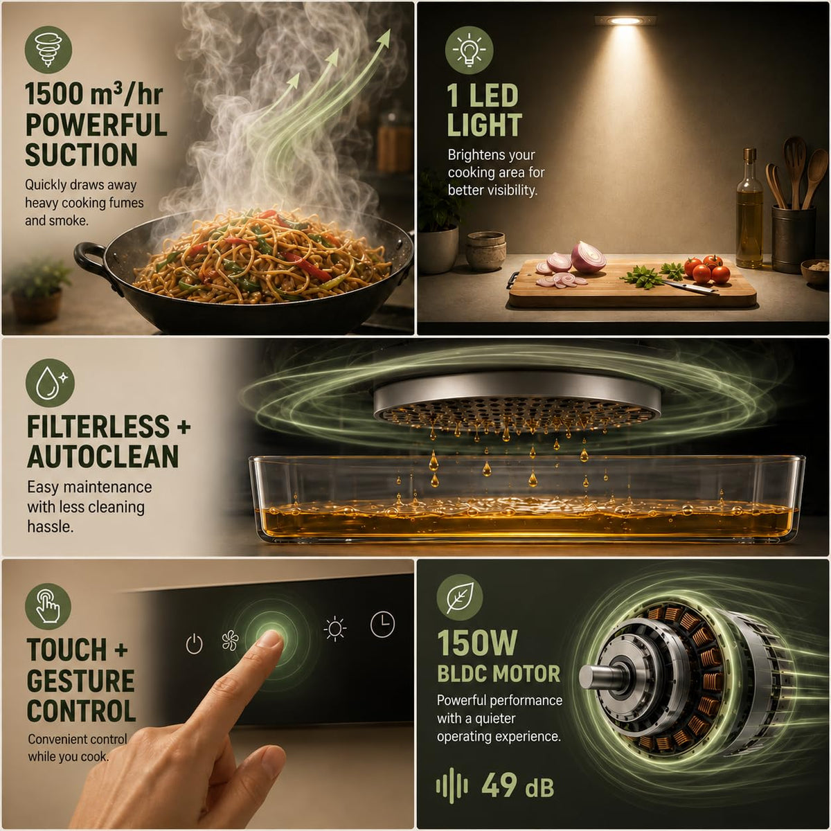 Faber Mercury 60cm 1500m³/hr BLDC Filterless Autoclean T-Shape Wide Grill Chimney|9 Speed| 49dB|Touch&Gesture Control|8 