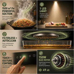 Faber Mercury 60cm 1500m³/hr BLDC Filterless Autoclean T-Shape Wide Grill Chimney|9 Speed| 49dB|Touch&Gesture Control|8 